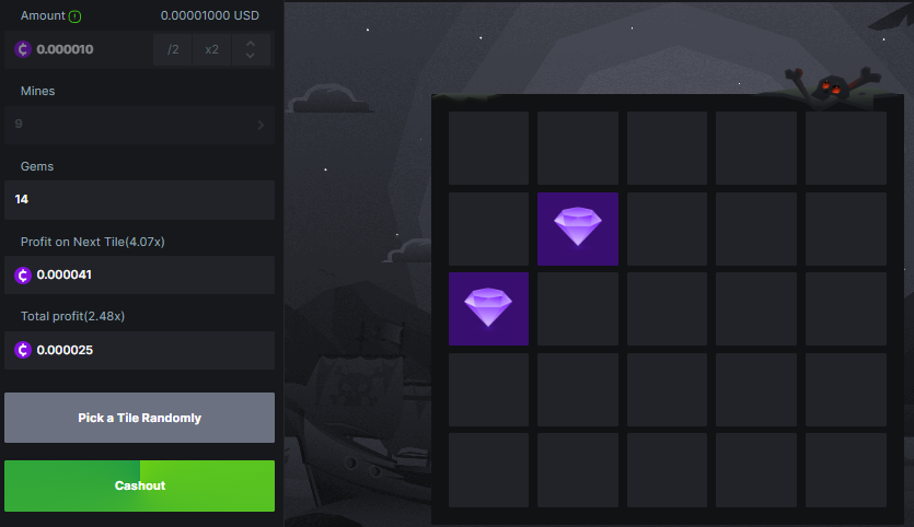 Photo example of BC.Game mines total profit after successfully selecting 2 gems in a game containing 9 mines, showing 2.48x